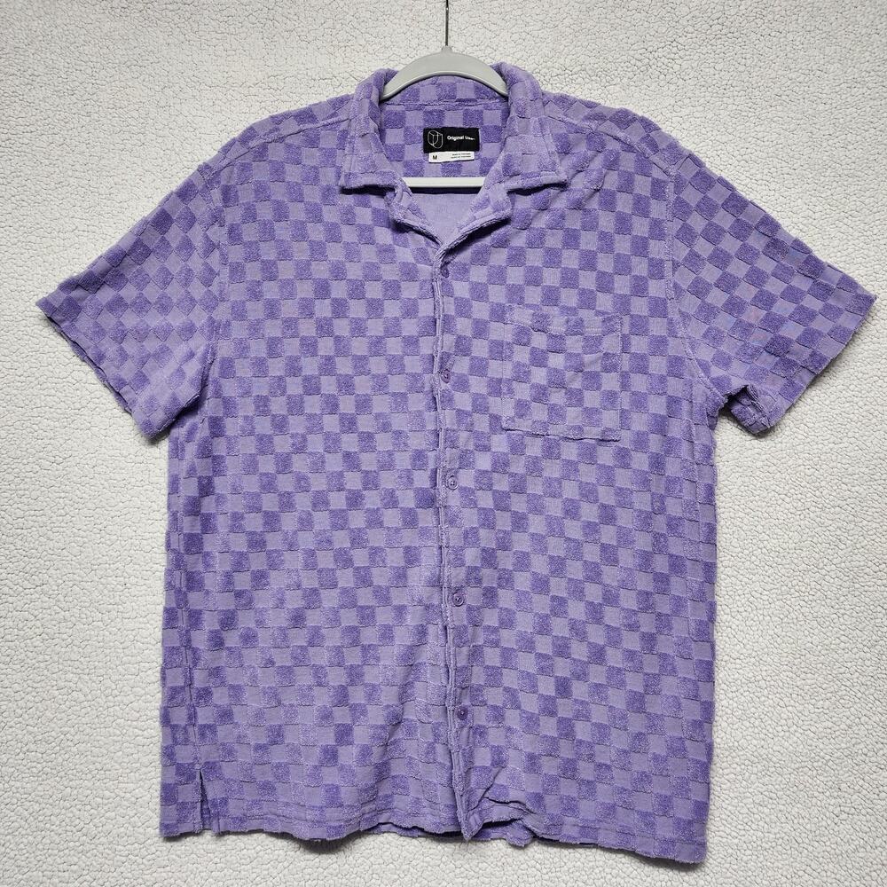 Original Use Mens Checkerboard Shirt Size M Purple Button Up Terry Cloth Atomic